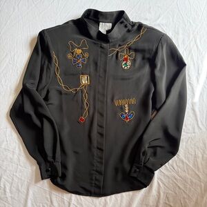 Vintage 90s Leslie Fay Surrealist Gem & Braided Applique Funky Button Down